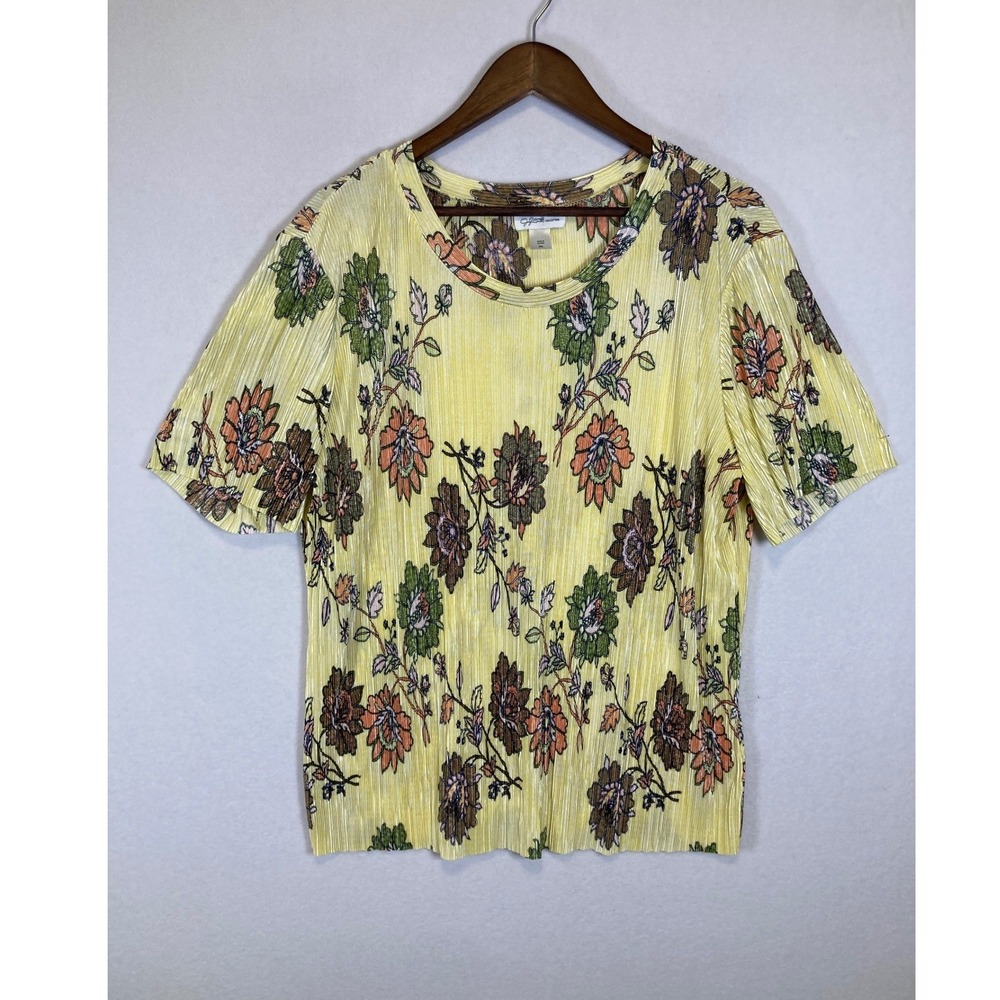 Floral Plissé Jaclyn Smith Women XXL‎ Yellow Pleated Short Sleeve Blouse Top